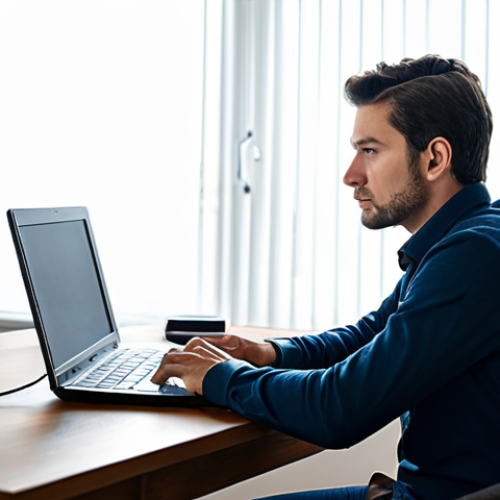 Home 6 A professional, focused person in a modest business casual attire, working diligently on a laptop in a cozy, well-lit home office setting. A subtle representation of a home network router is visible on the desk, highlighting the blend of personal and professional environments. The person appears thoughtful, contemplating complex digital tasks. The scene is well-composed with soft, natural lighting. Fully clothed, appropriate attire, modest clothing, safe for work, appropriate content, professional, perfect anatomy, correct proportions, natural pose, well-formed hands, proper finger count, natural body proportions, professional photography, high quality, studio lighting.