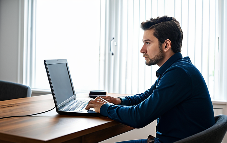 A professional, focused person in a modest business casual attire, working diligently on a laptop in a cozy, well-lit home office setting. A subtle representation of a home network router is visible on the desk, highlighting the blend of personal and professional environments. The person appears thoughtful, contemplating complex digital tasks. The scene is well-composed with soft, natural lighting. Fully clothed, appropriate attire, modest clothing, safe for work, appropriate content, professional, perfect anatomy, correct proportions, natural pose, well-formed hands, proper finger count, natural body proportions, professional photography, high quality, studio lighting.