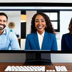 A diverse group of professional individuals, fully clothed in modest business casual attire, engaged in a vibrant virtual team meeting. Each person is seen in a separate video call frame on a large screen, smiling, laughing, and interacting warmly, emphasizing genuine human connection and well-being in a remote work environment. The backgrounds are blurred, depicting clean, professional home office setups. Perfect anatomy, correct proportions, natural poses, well-formed hands, proper finger count, natural body proportions, professional photography, high quality, vibrant colors, soft lighting, safe for work, appropriate content, fully clothed, professional, family-friendly.