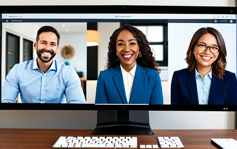 A diverse group of professional individuals, fully clothed in modest business casual attire, engaged in a vibrant virtual team meeting. Each person is seen in a separate video call frame on a large screen, smiling, laughing, and interacting warmly, emphasizing genuine human connection and well-being in a remote work environment. The backgrounds are blurred, depicting clean, professional home office setups. Perfect anatomy, correct proportions, natural poses, well-formed hands, proper finger count, natural body proportions, professional photography, high quality, vibrant colors, soft lighting, safe for work, appropriate content, fully clothed, professional, family-friendly.