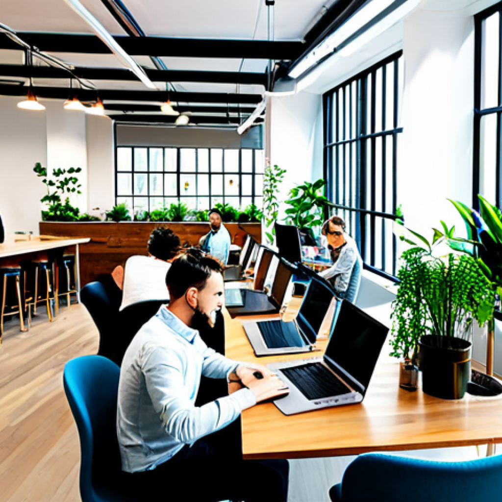 **

A vibrant co-working space, filled with natural light. People are working on laptops, collaborating on projects, and enjoying coffee. Modern design with plants and comfortable furniture. A sense of creativity and productivity.

**