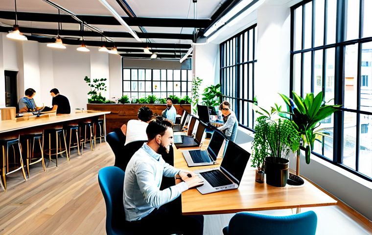 **

A vibrant co-working space, filled with natural light. People are working on laptops, collaborating on projects, and enjoying coffee. Modern design with plants and comfortable furniture. A sense of creativity and productivity.

**