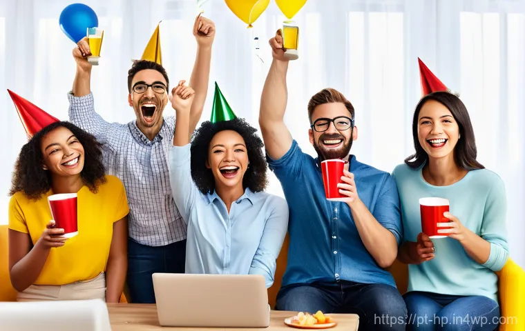 리모트 근무 환경에서의 새로운 팀 빌딩 활동 - **Prompt**: "A group of smiling, diverse professionals (ages 20s-50s) participating in a serene and ...