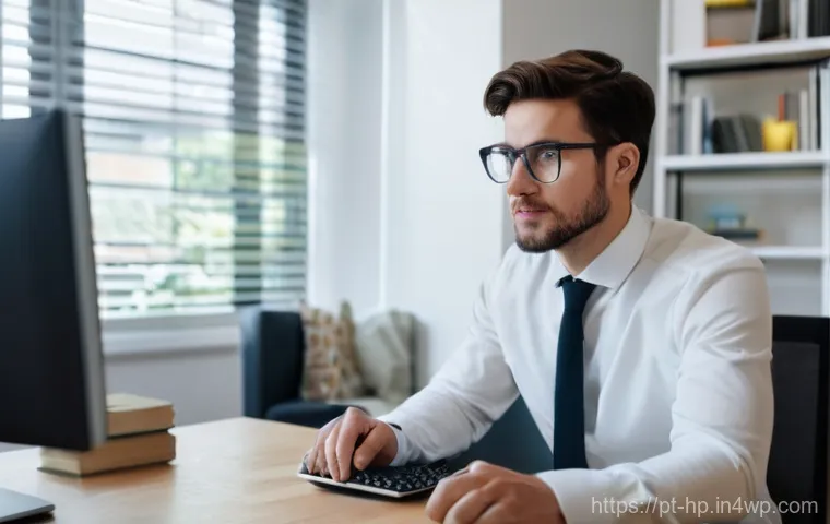 리모트 근무 시 발생할 수 있는 기술적 문제와 해결 방안 - **Prompt:** A young adult, male or female, sits at a modern home office desk in a well-lit room. The...