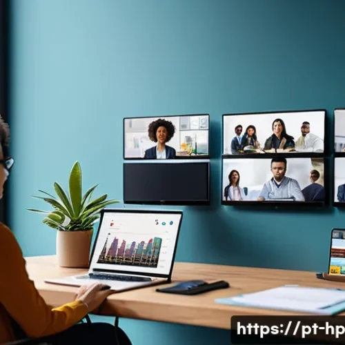 Home 33 리모트 퍼스트 조직의 성과 측정 지표 - A modern remote work environment showcasing a diverse team of professionals collaborating via video ...