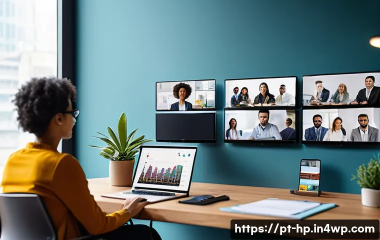 리모트 퍼스트 조직의 성과 측정 지표 - A modern remote work environment showcasing a diverse team of professionals collaborating via video ...