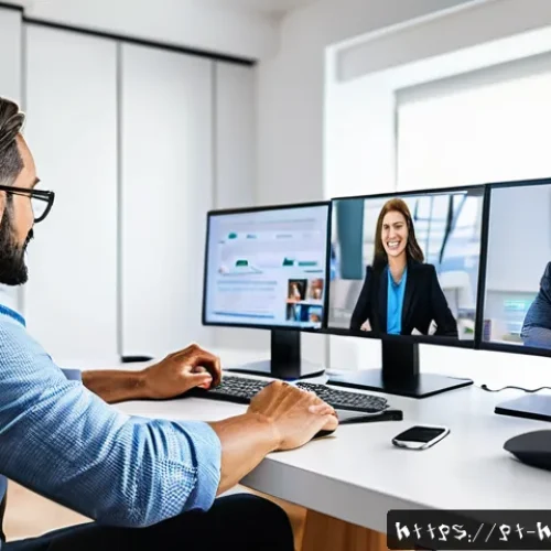 Home 32 리모트 팀의 안전한 데이터 관리 방안 - A diverse remote work team gathered in a modern home office environment, engaged in a lively virtual...