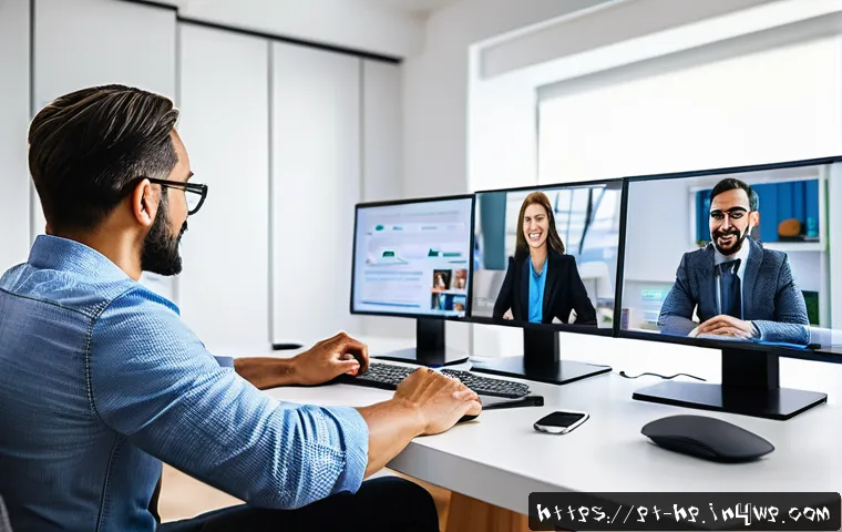 리모트 팀의 안전한 데이터 관리 방안 - A diverse remote work team gathered in a modern home office environment, engaged in a lively virtual...
