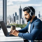 Home 23 리모트 근무 환경에서의 기술적 지원 체계 구축 - A modern home office scene depicting a diverse Brazilian remote worker seated at a sleek desk with m...